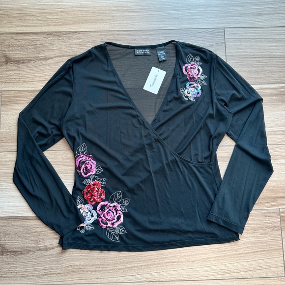 New York & Company Tops - Vintage Y2K Fairy New York & Company Black Mesh Wrap Blouse with Pink Sequins